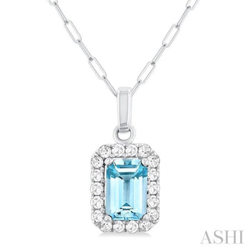 6x4 MM Octagonal Shape Aquamarine and 1/6 Ctw Round Cut Diamond Halo Semi-Precious Pendant with Chain in 10K White Gold